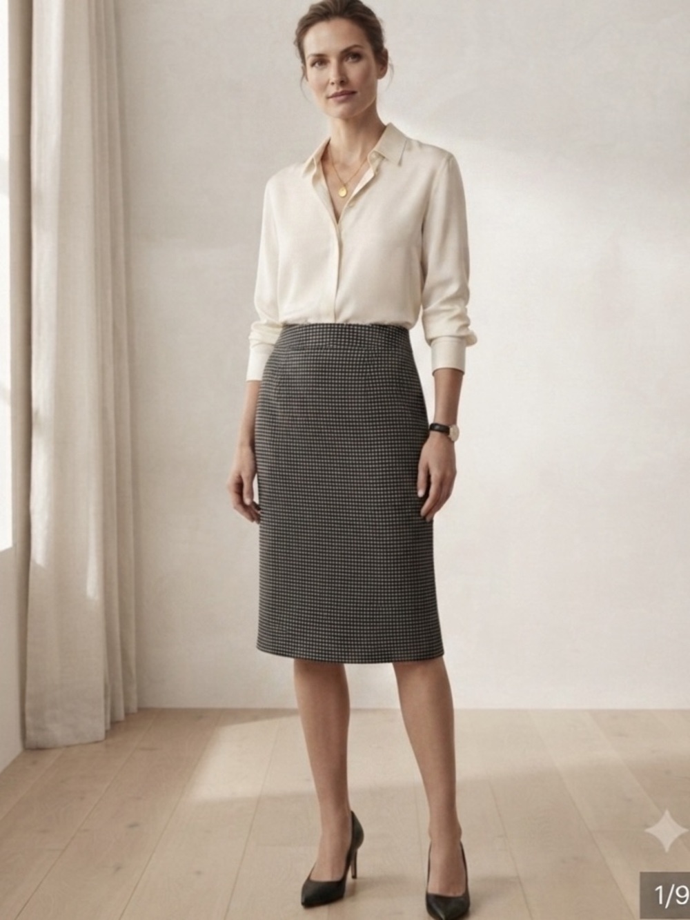VINTAGE Windsmoor Checked Midi Pencil Skirt - Navy/White